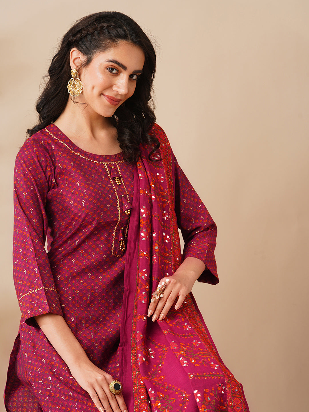 Floral Foil Printed Straight Fit Kurta with Pant & Dupatta - Burgundy