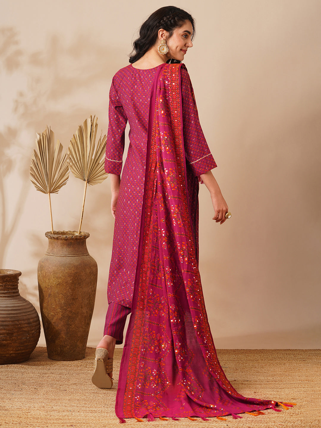 Floral Foil Printed Straight Fit Kurta with Pant & Dupatta - Burgundy