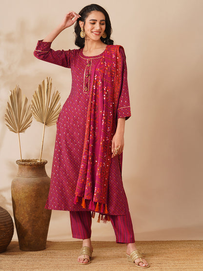 Floral Foil Printed Straight Fit Kurta with Pant & Dupatta - Burgundy