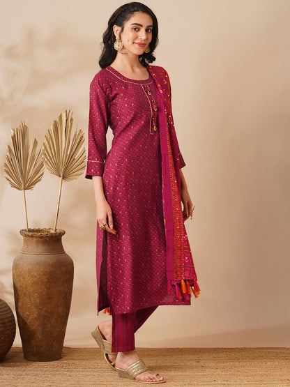 Floral Foil Printed Straight Fit Kurta with Pant & Dupatta - Burgundy