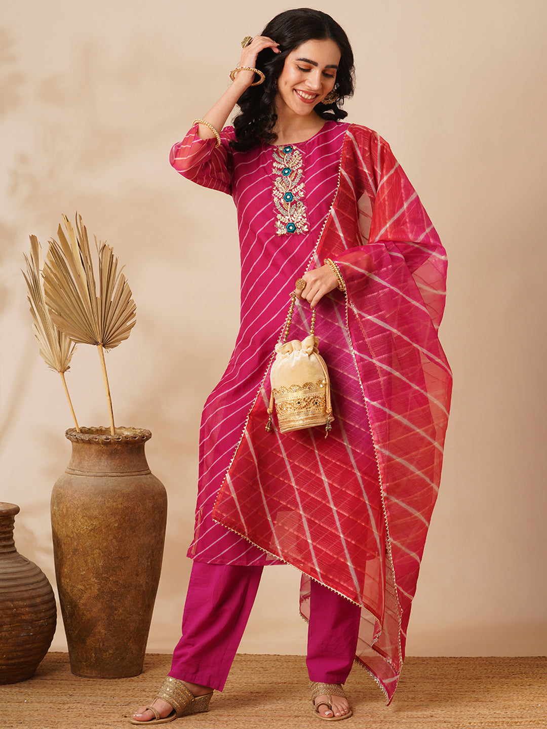 Leheriya Printed & Embroidered Straight Fit Kurta with Pant & Dupatta - Magenta