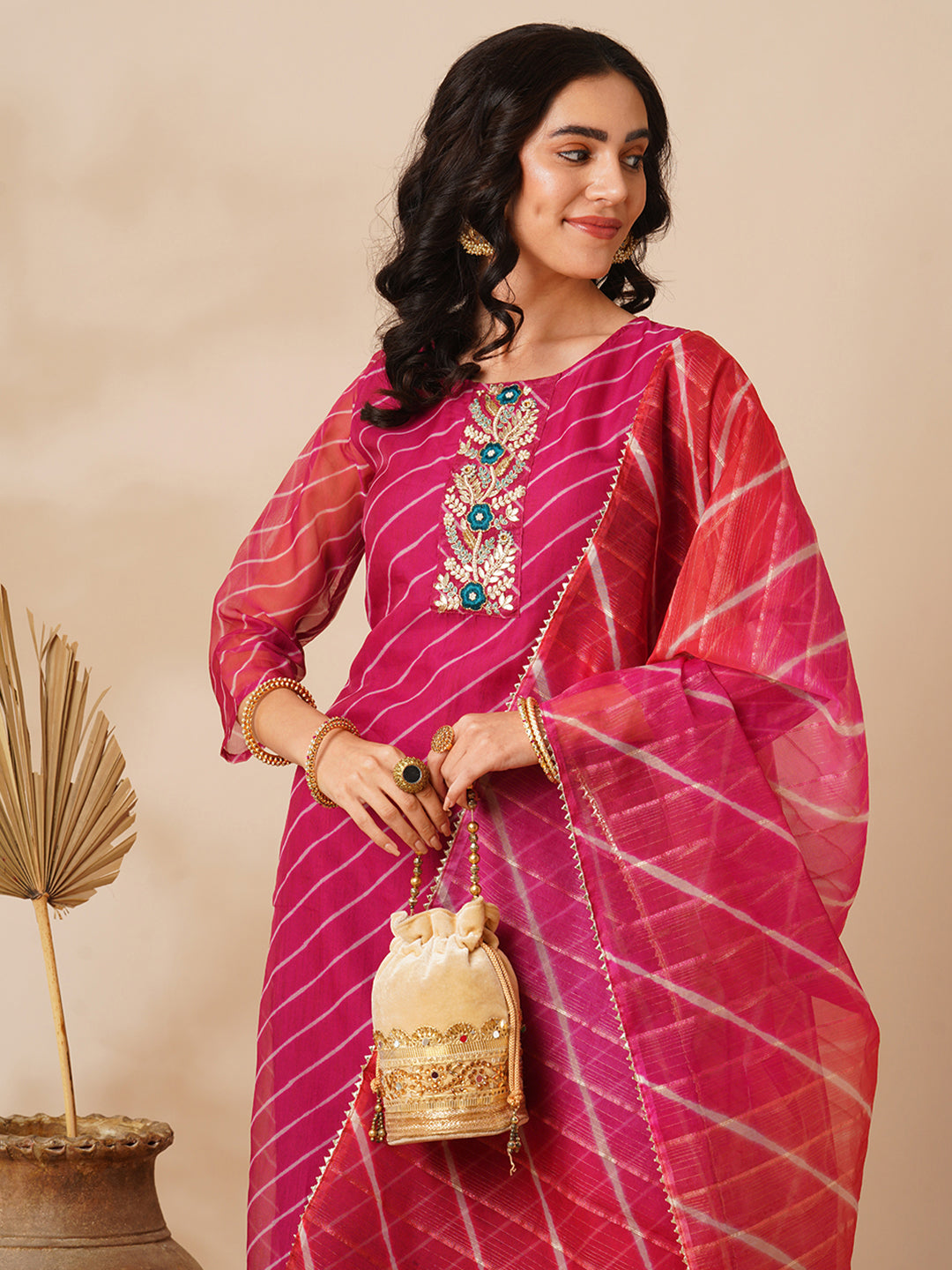 Leheriya Printed & Embroidered Straight Fit Kurta with Pant & Dupatta - Magenta