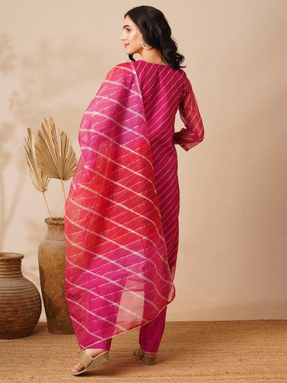 Leheriya Printed & Embroidered Straight Fit Kurta with Pant & Dupatta - Magenta