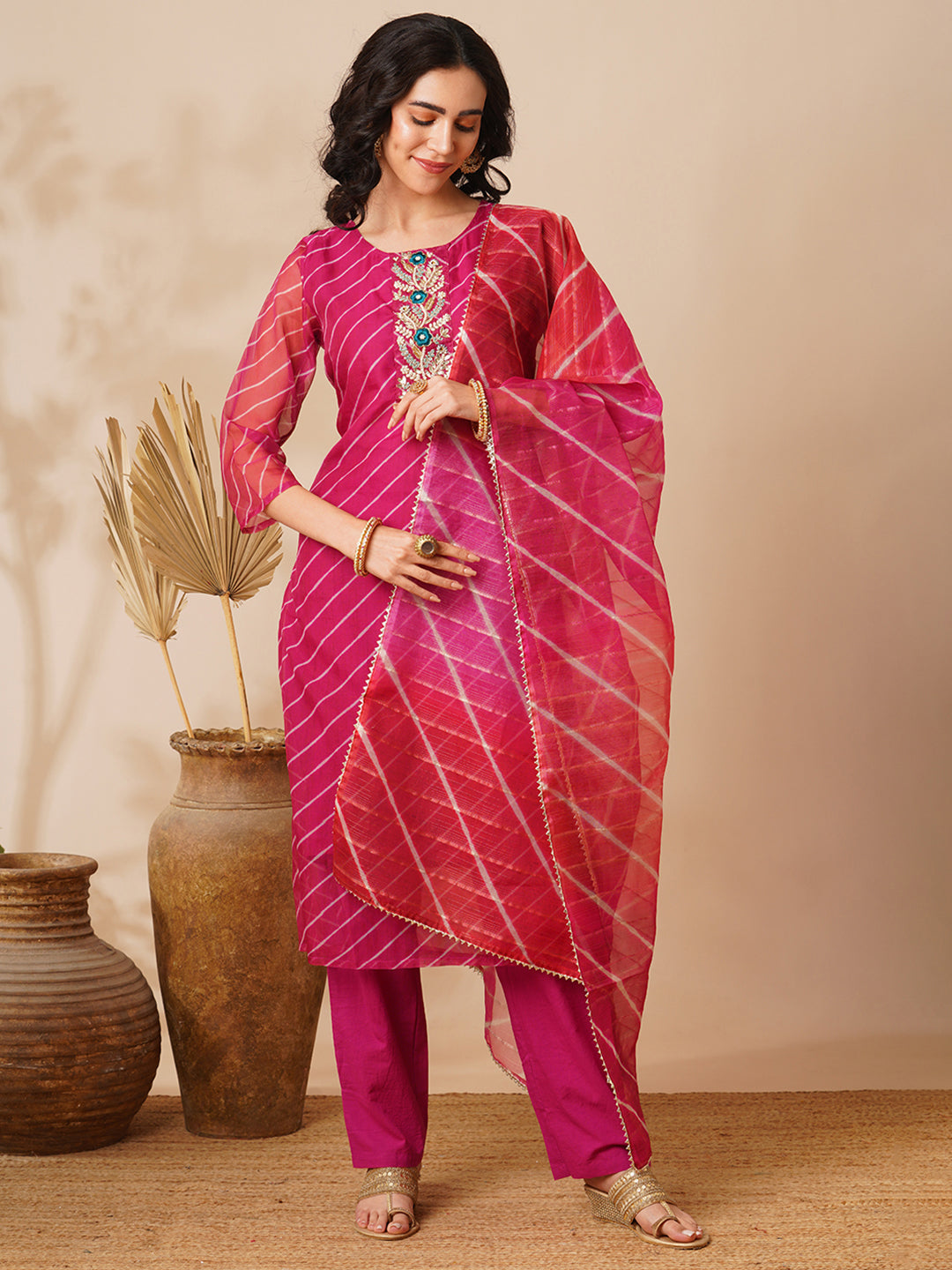 Leheriya Printed & Embroidered Straight Fit Kurta with Pant & Dupatta - Magenta