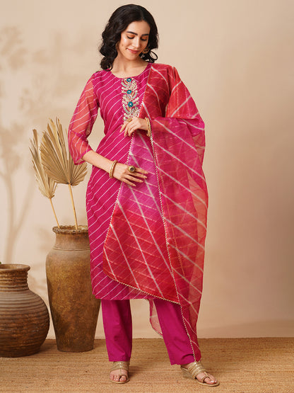 Leheriya Printed & Embroidered Straight Fit Kurta with Pant & Dupatta - Magenta