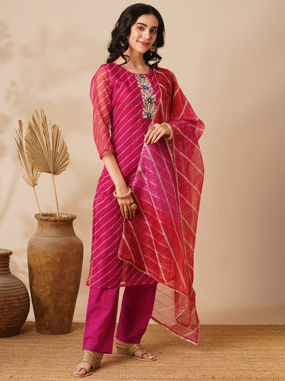 Leheriya Printed & Embroidered Straight Fit Kurta with Pant & Dupatta - Magenta