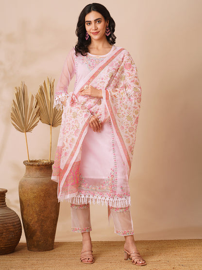 Ethnic Floral Embroidered Straight Cut Kurta with Pant & Dupatta - Pink