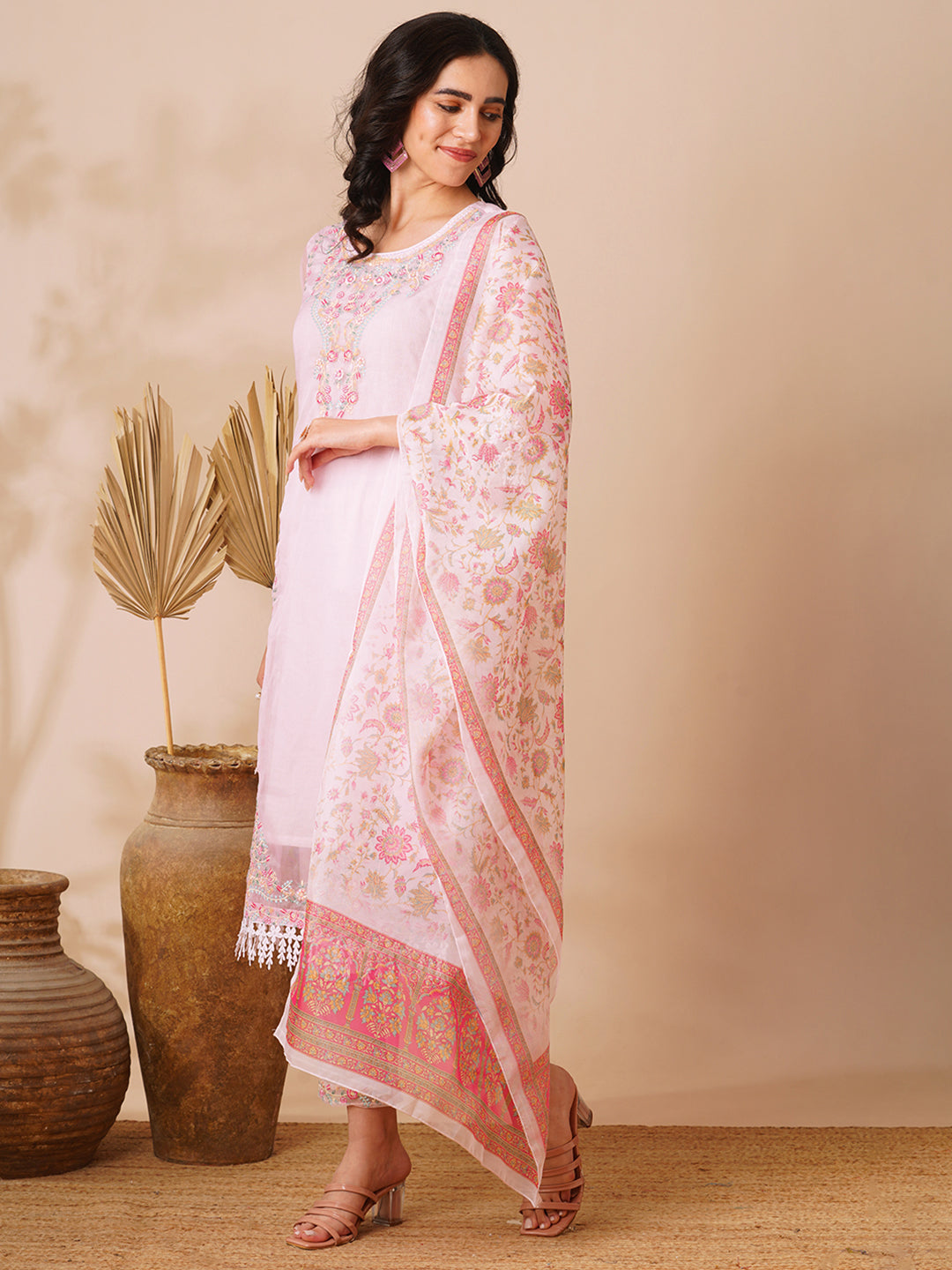 Ethnic Floral Embroidered Straight Cut Kurta with Pant & Dupatta - Pink