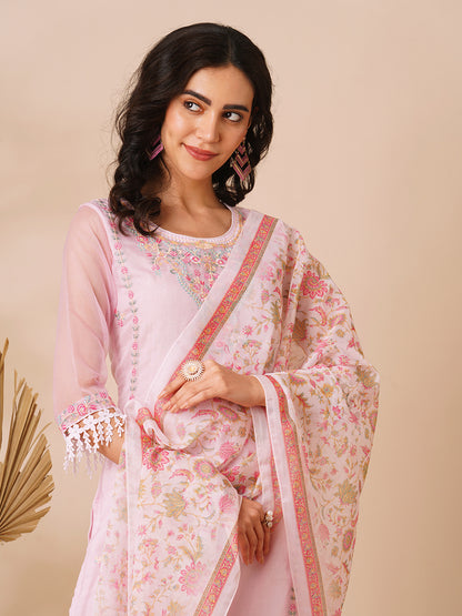 Ethnic Floral Embroidered Straight Cut Kurta with Pant & Dupatta - Pink