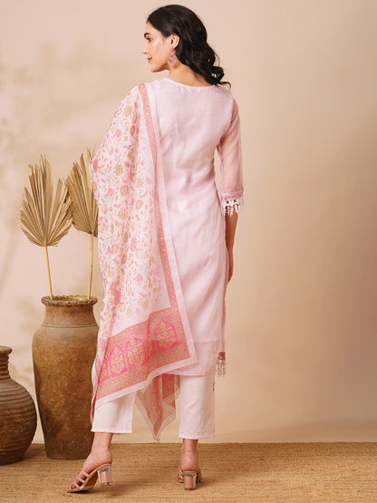 Ethnic Floral Embroidered Straight Cut Kurta with Pant & Dupatta - Pink