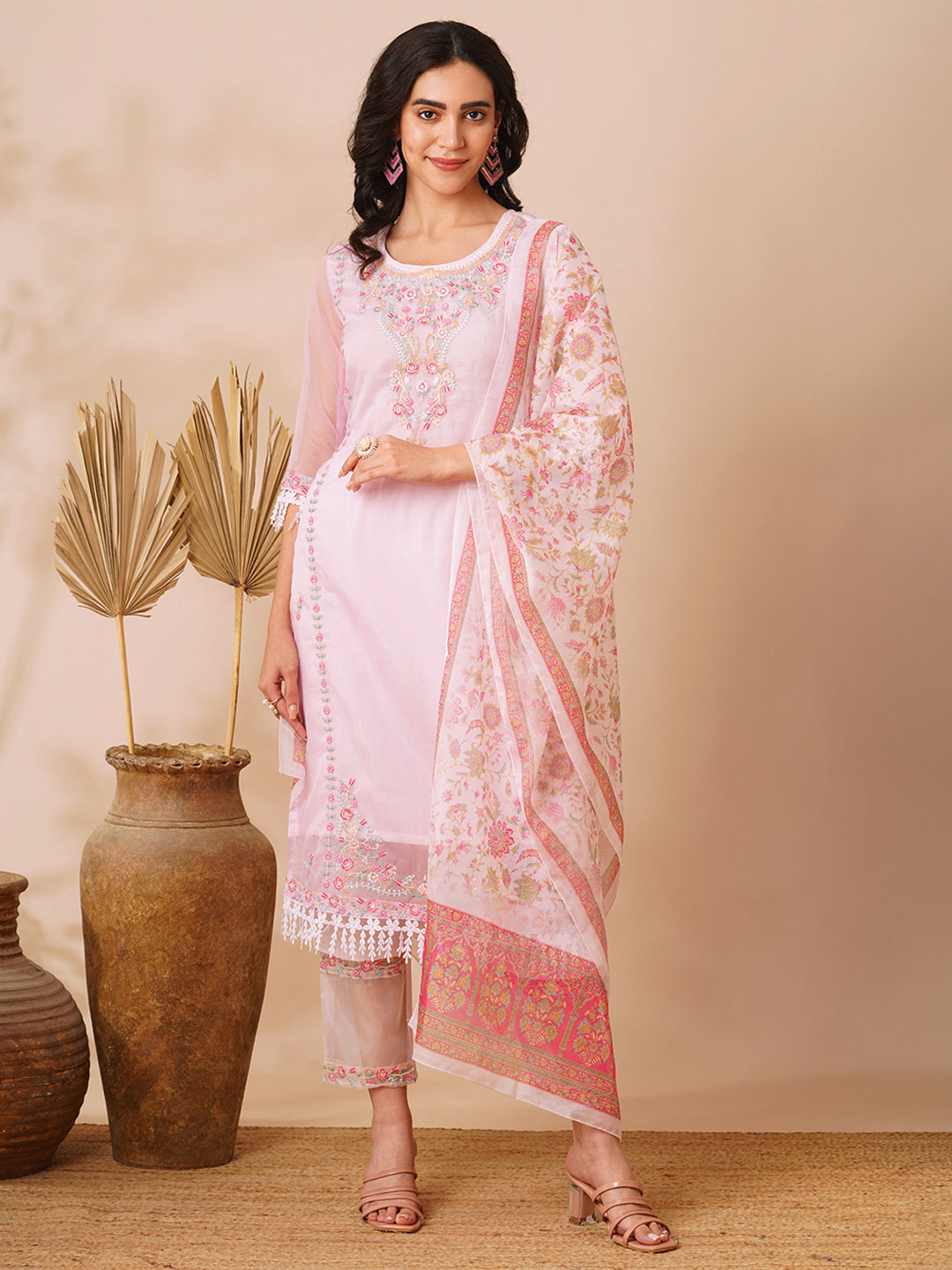 Ethnic Floral Embroidered Straight Cut Kurta with Pant & Dupatta - Pink