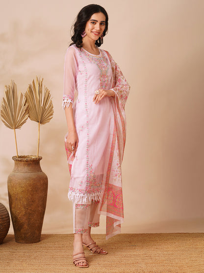 Ethnic Floral Embroidered Straight Cut Kurta with Pant & Dupatta - Pink