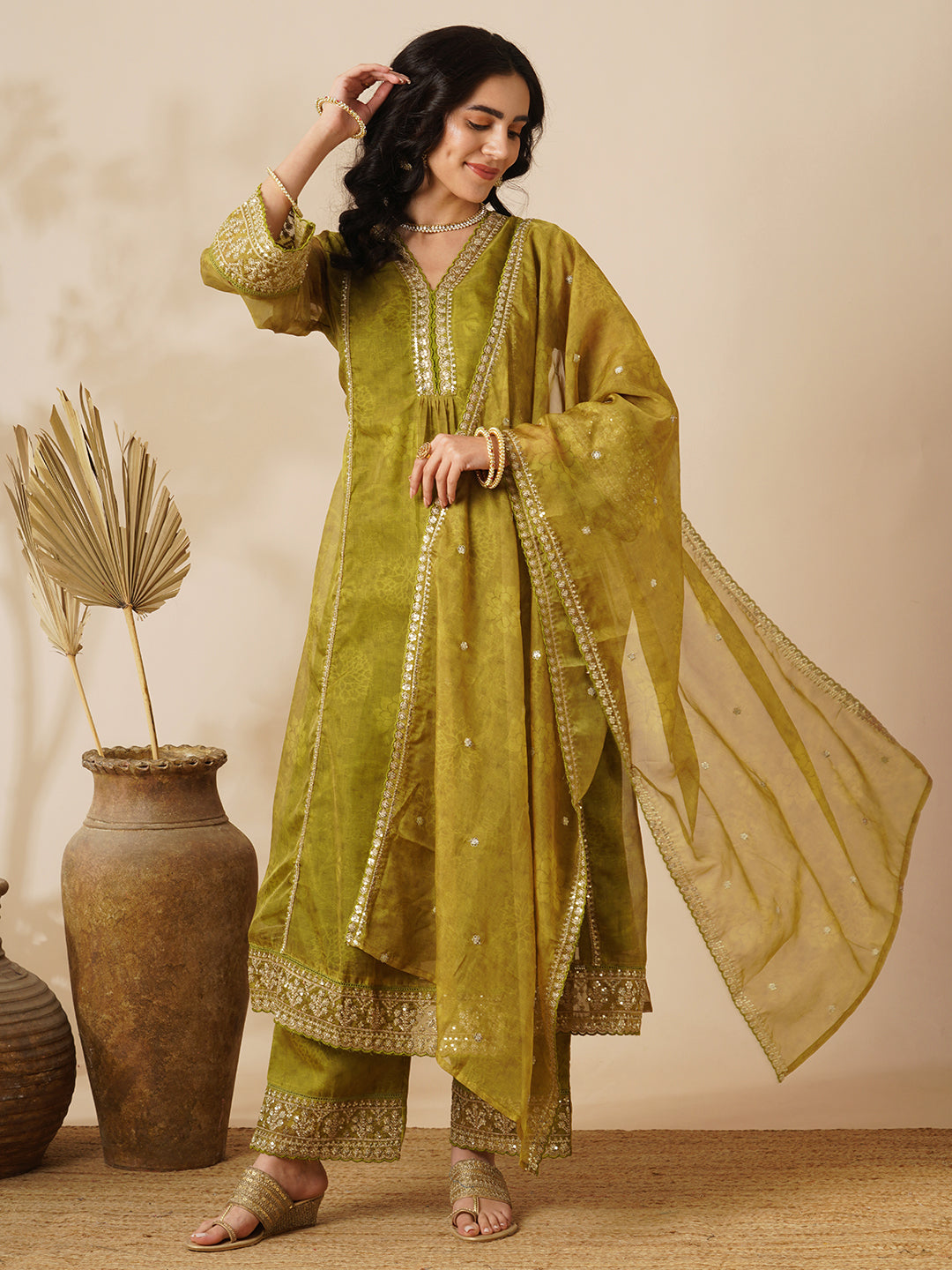 Floral Printed Embroidered Straight Fit Kurta with Pant and Dupatta - Green