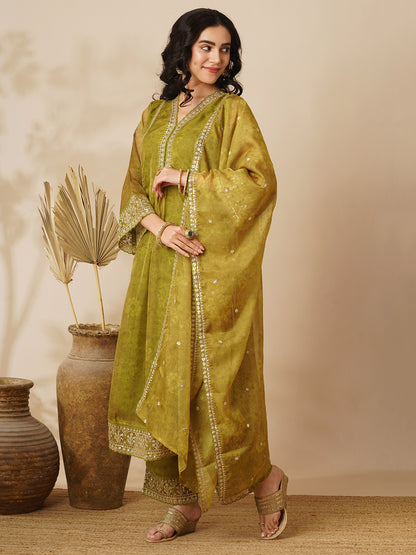 Floral Printed Embroidered Straight Fit Kurta with Pant and Dupatta - Green