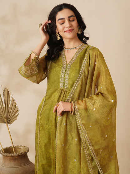 Floral Printed Embroidered Straight Fit Kurta with Pant and Dupatta - Green