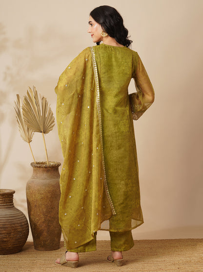 Floral Printed Embroidered Straight Fit Kurta with Pant and Dupatta - Green