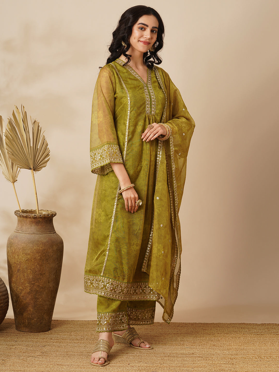 Floral Printed Embroidered Straight Fit Kurta with Pant and Dupatta - Green