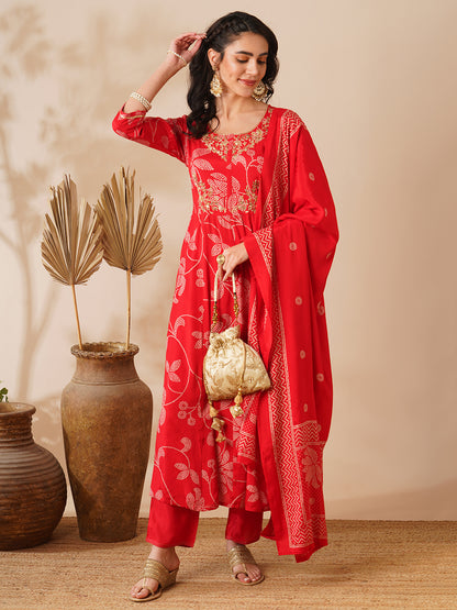 Bandhani Printed & Hand Embroidered A-Line Kurta with Pant & Dupatta - Red