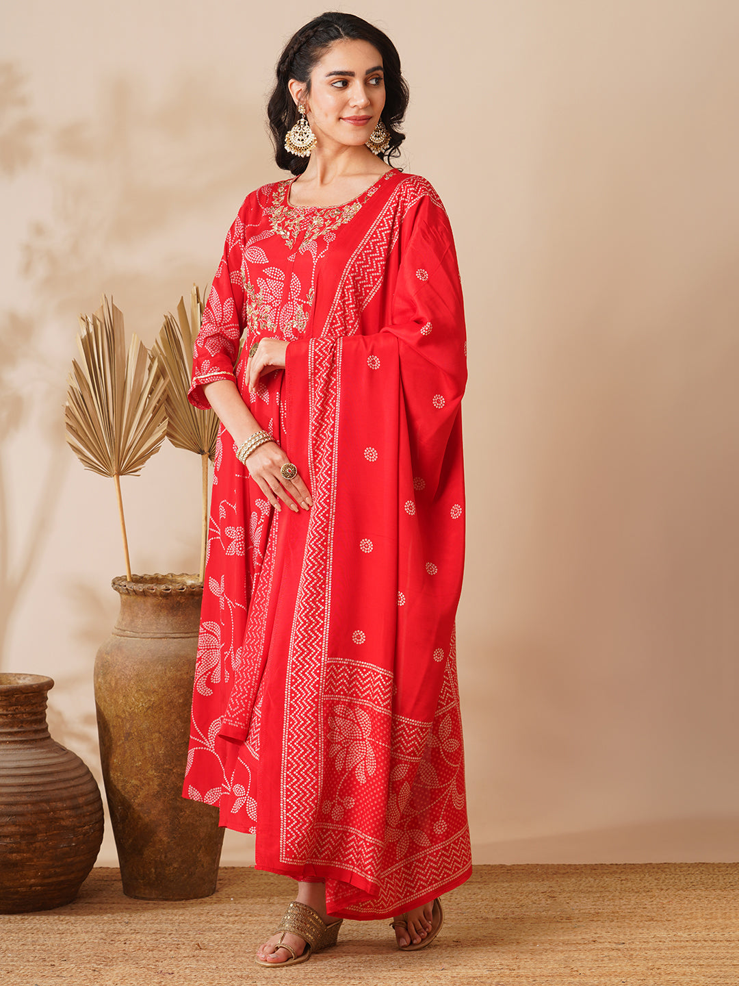 Bandhani Printed & Hand Embroidered A-Line Kurta with Pant & Dupatta - Red