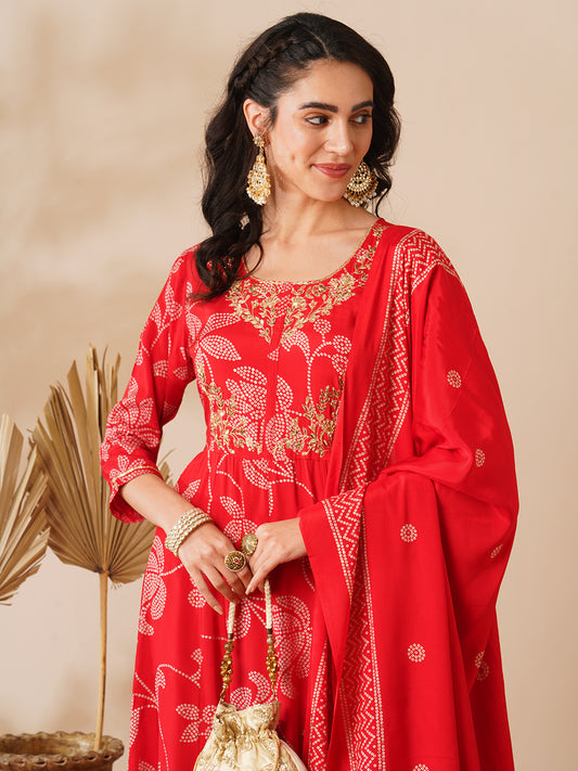 Bandhani Printed & Hand Embroidered A-Line Kurta with Pant & Dupatta - Red