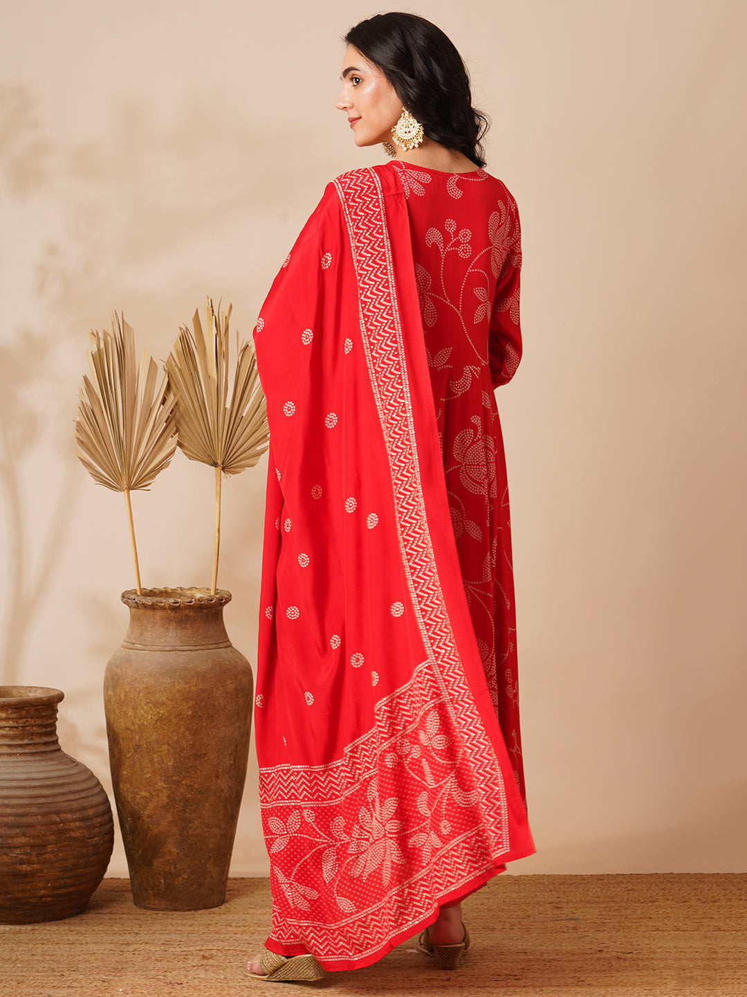 Bandhani Printed & Hand Embroidered A-Line Kurta with Pant & Dupatta - Red