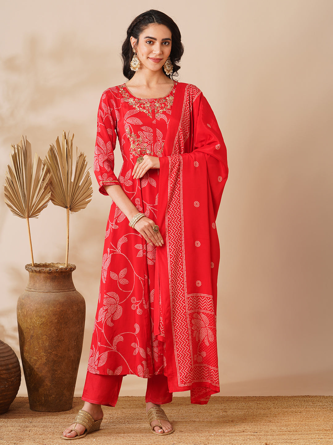 Bandhani Printed & Hand Embroidered A-Line Kurta with Pant & Dupatta - Red