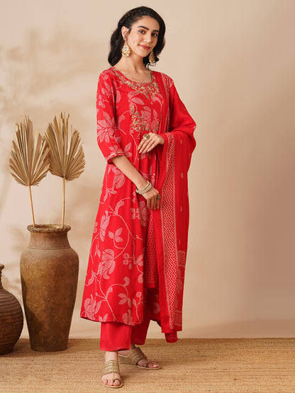 Bandhani Printed & Hand Embroidered A-Line Kurta with Pant & Dupatta - Red