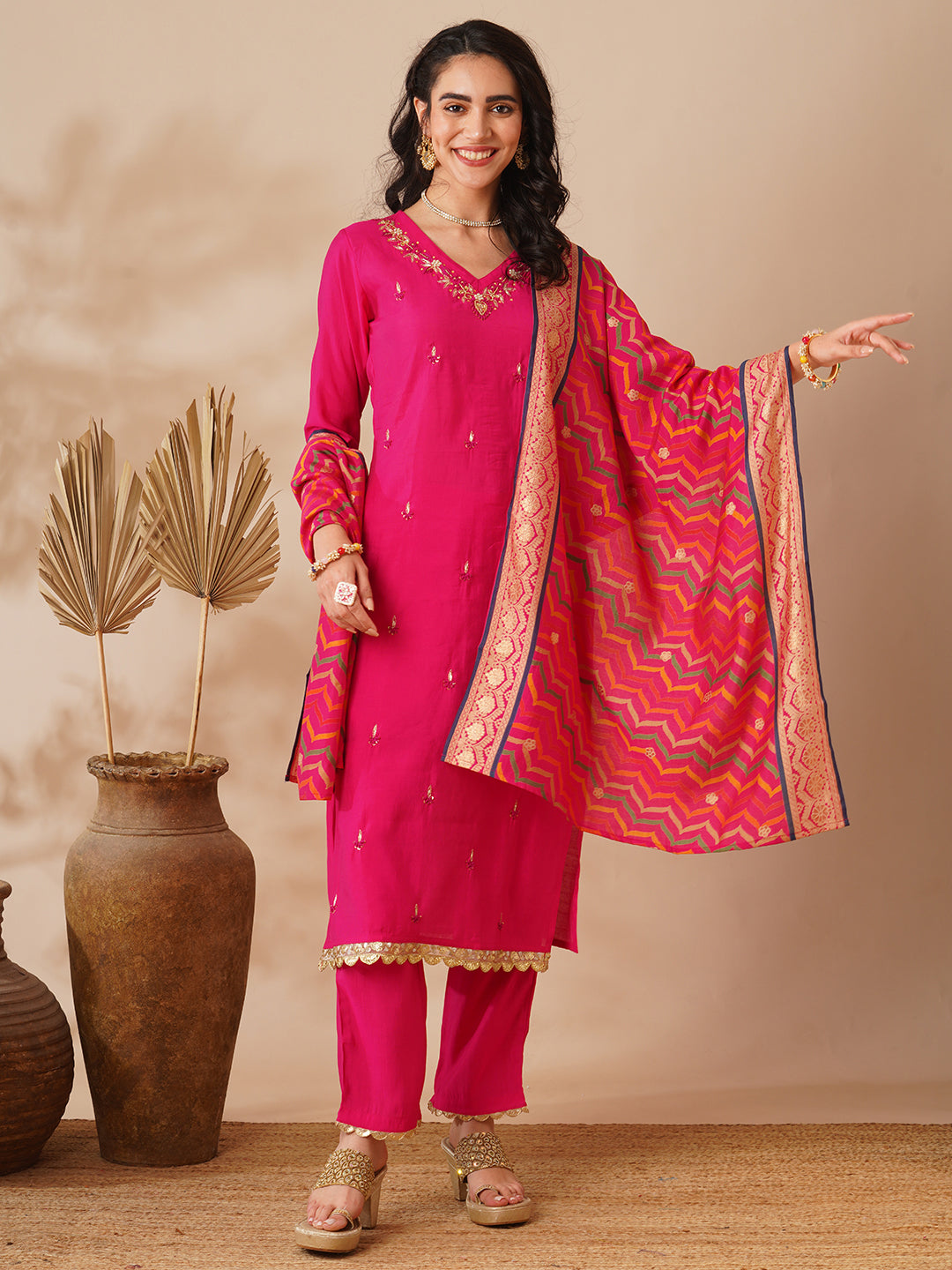 Solid Ethnic Hand Embroidered Straight Fit Kurta with Pant & Dupatta - Pink