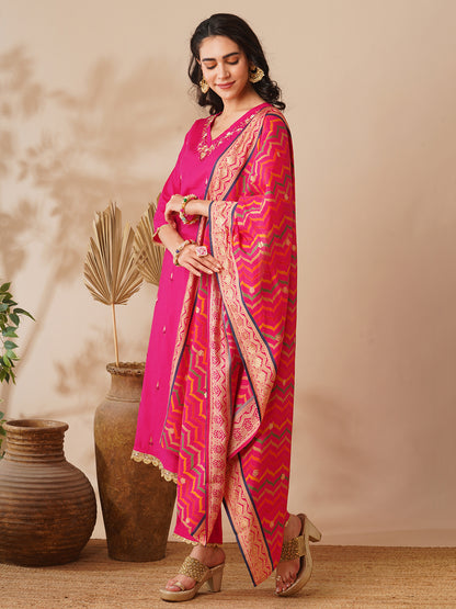 Solid Ethnic Hand Embroidered Straight Fit Kurta with Pant & Dupatta - Pink