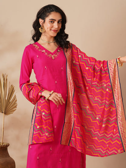 Solid Ethnic Hand Embroidered Straight Fit Kurta with Pant & Dupatta - Pink