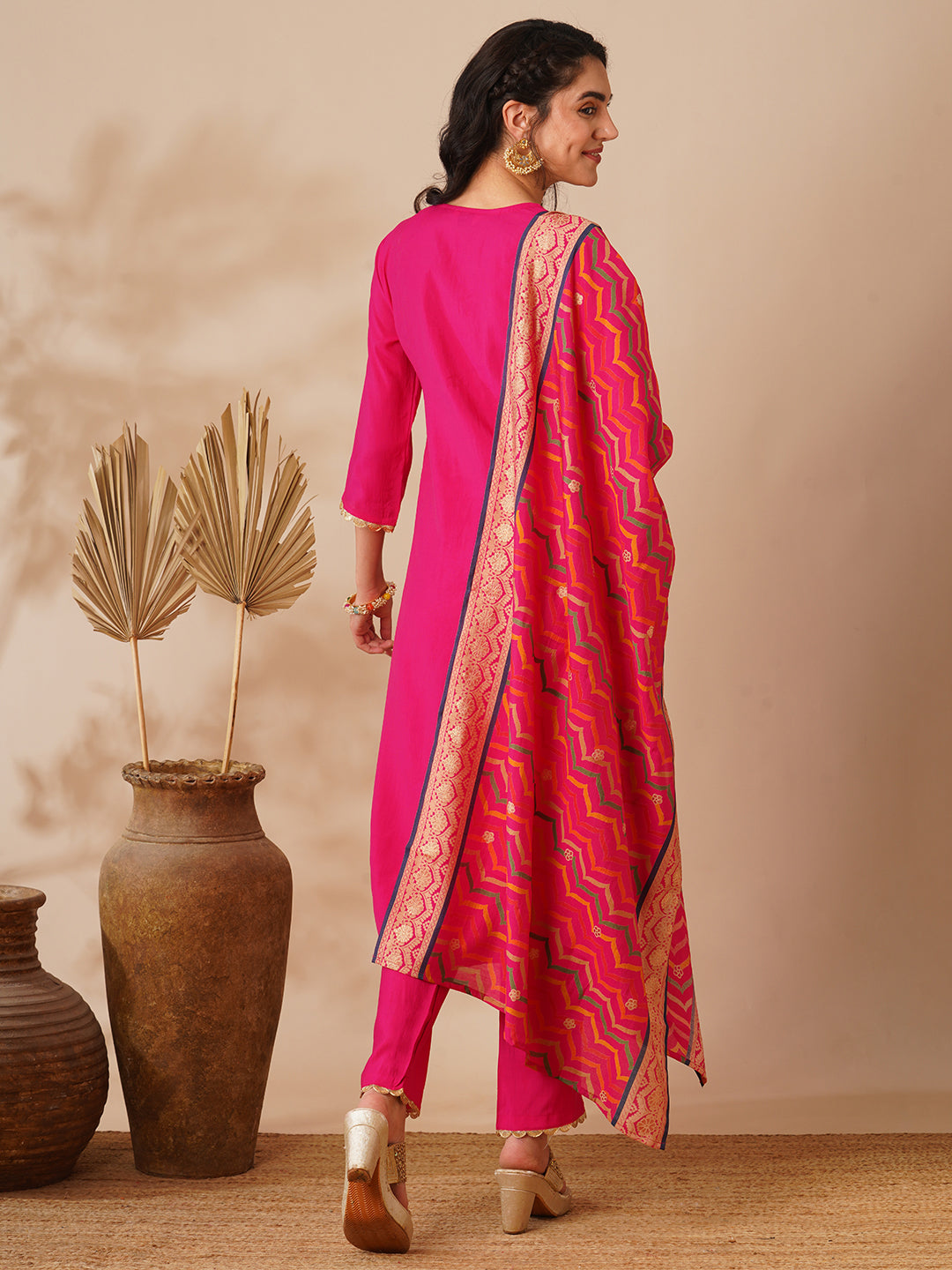 Solid Ethnic Hand Embroidered Straight Fit Kurta with Pant & Dupatta - Pink