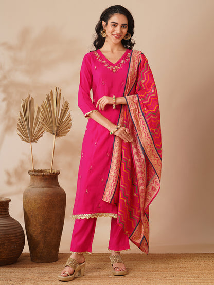 Solid Ethnic Hand Embroidered Straight Fit Kurta with Pant & Dupatta - Pink