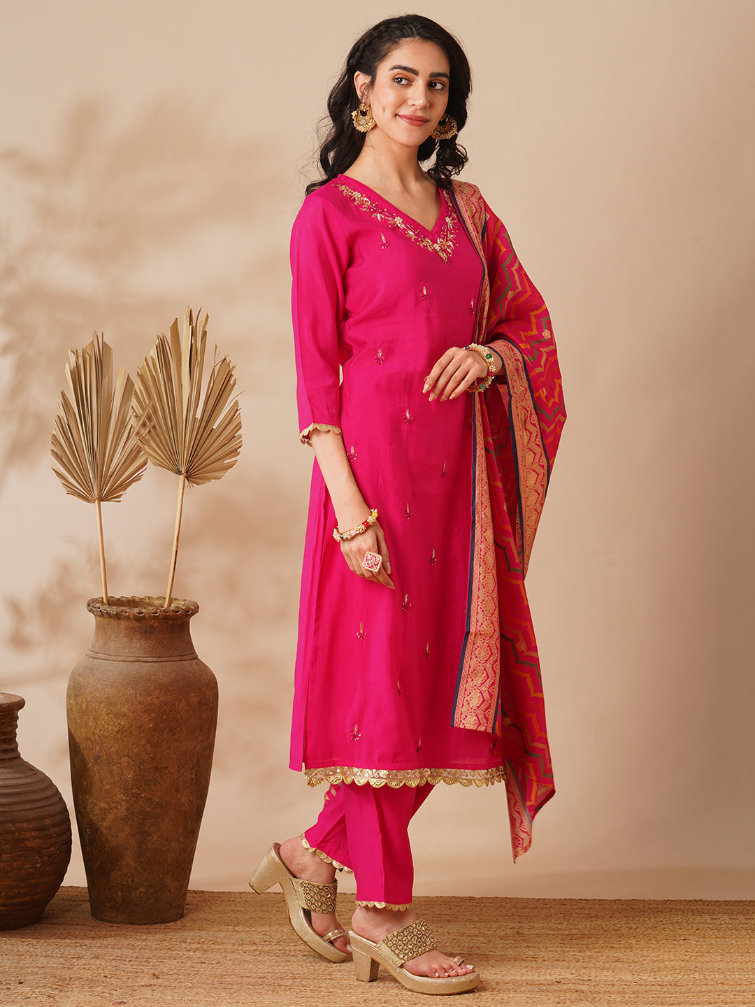 Solid Ethnic Hand Embroidered Straight Fit Kurta with Pant & Dupatta - Pink