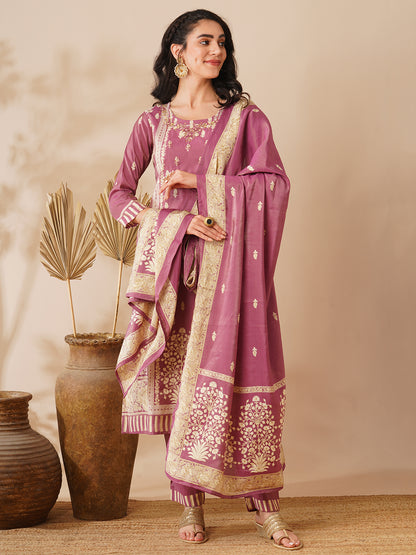 Floral Printed & Hand Embroidered Straight Fit Tissue Kurta with Pant and Dupatta - Purple