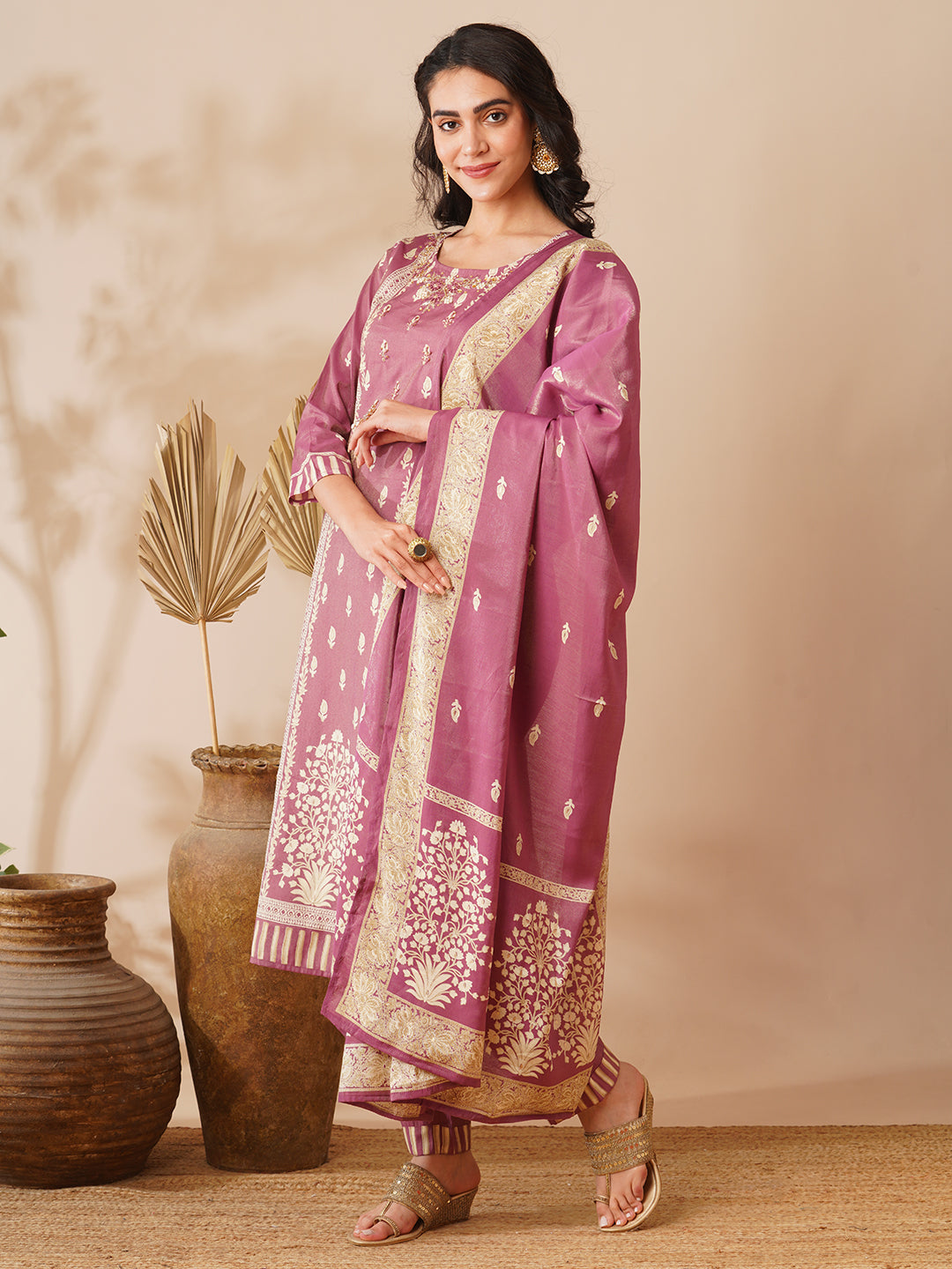 Floral Printed & Hand Embroidered Straight Fit Tissue Kurta with Pant and Dupatta - Purple