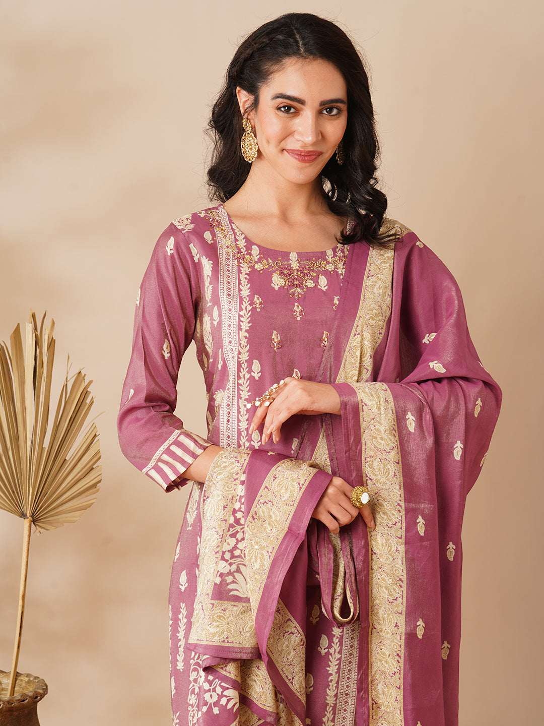 Floral Printed & Hand Embroidered Straight Fit Tissue Kurta with Pant and Dupatta - Purple