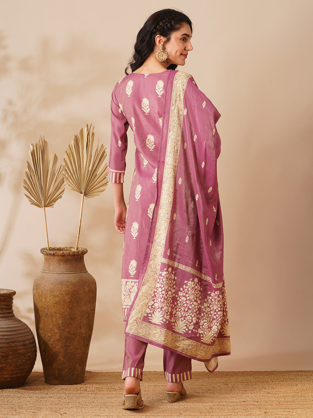 Floral Printed & Hand Embroidered Straight Fit Tissue Kurta with Pant and Dupatta - Purple