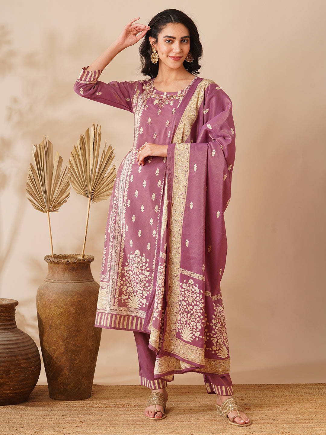 Floral Printed & Hand Embroidered Straight Fit Tissue Kurta with Pant and Dupatta - Purple