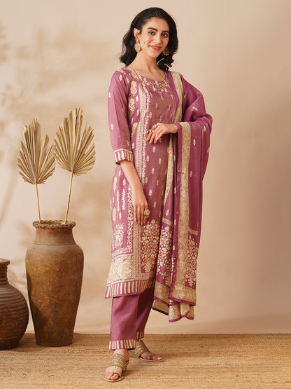 Floral Printed & Hand Embroidered Straight Fit Tissue Kurta with Pant and Dupatta - Purple