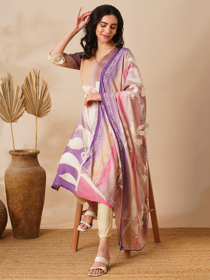 Abstract Printed Straight Fit Kurta with Pant and Dupatta - Multi