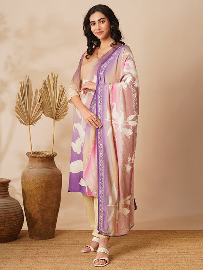 Abstract Printed Straight Fit Kurta with Pant and Dupatta - Multi