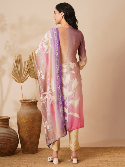 Abstract Printed Straight Fit Kurta with Pant and Dupatta - Multi