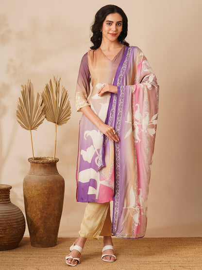 Abstract Printed Straight Fit Kurta with Pant and Dupatta - Multi