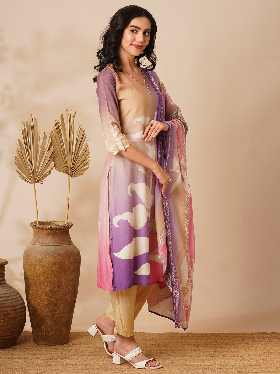 Abstract Printed Straight Fit Kurta with Pant and Dupatta - Multi