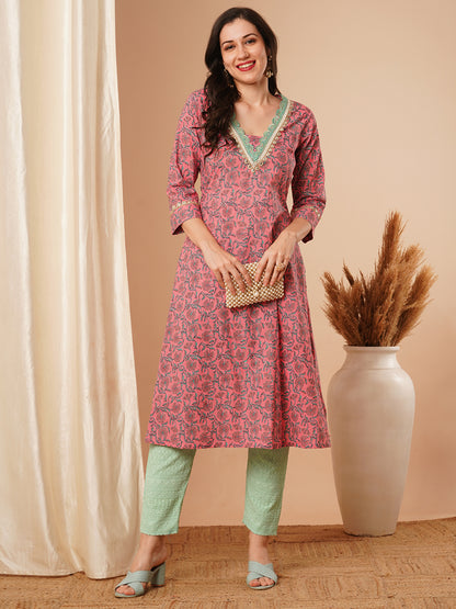 Ethnic Floral Printed & Embroidered A-Line Kurta - Pink