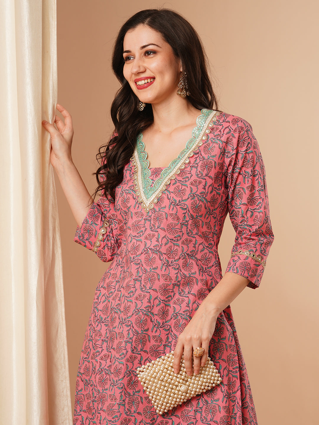 Ethnic Floral Printed & Embroidered A-Line Kurta - Pink