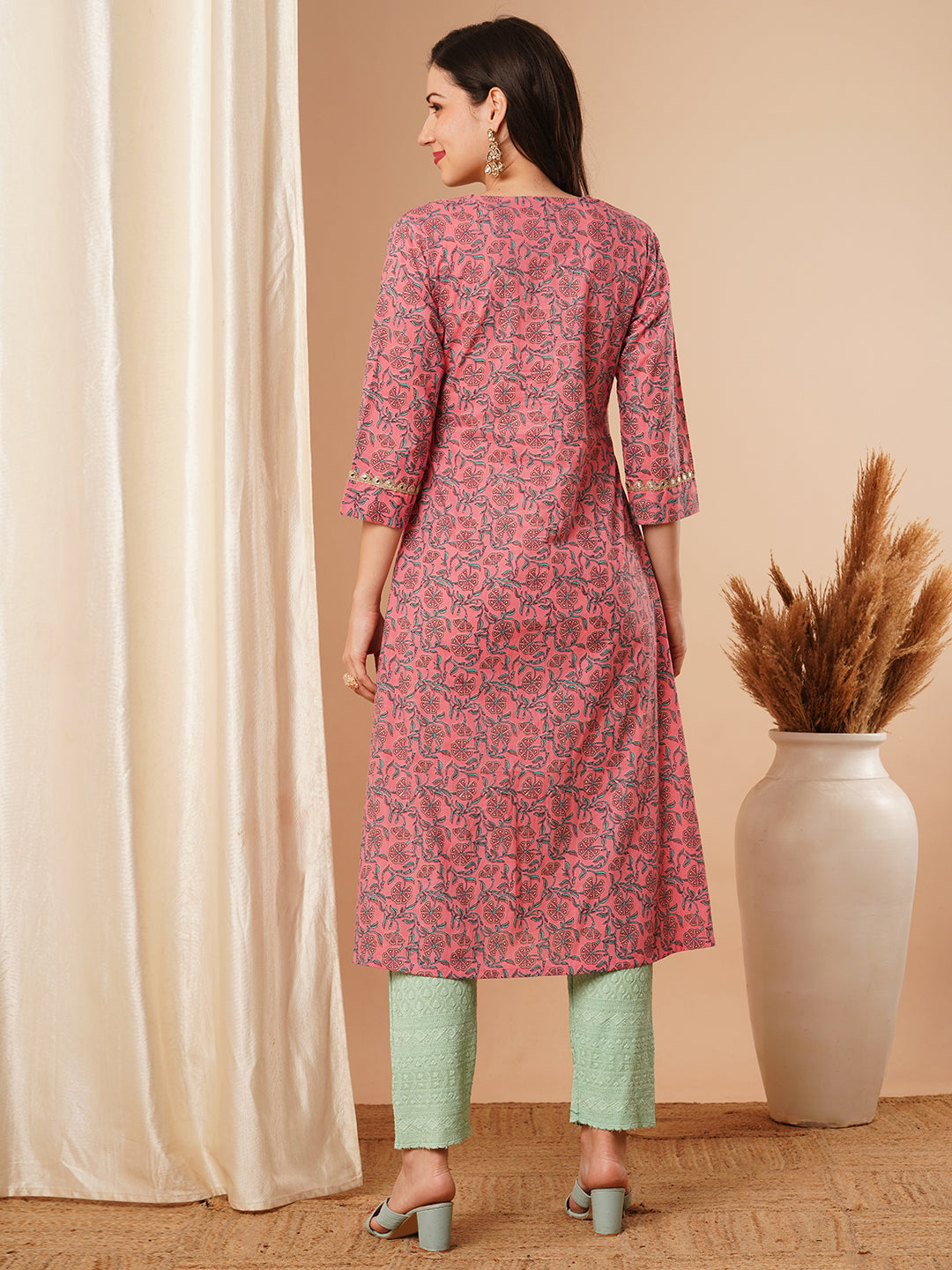 Ethnic Floral Printed & Embroidered A-Line Kurta - Pink