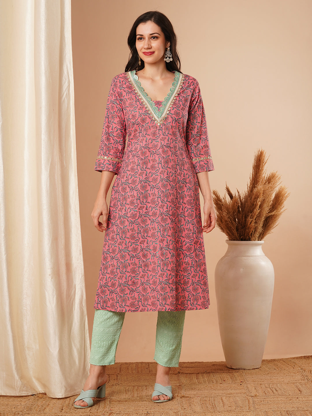 Ethnic Floral Printed & Embroidered A-Line Kurta - Pink