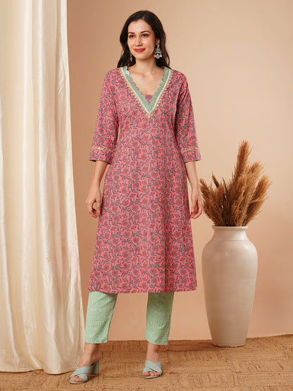 Ethnic Floral Printed & Embroidered A-Line Kurta - Pink