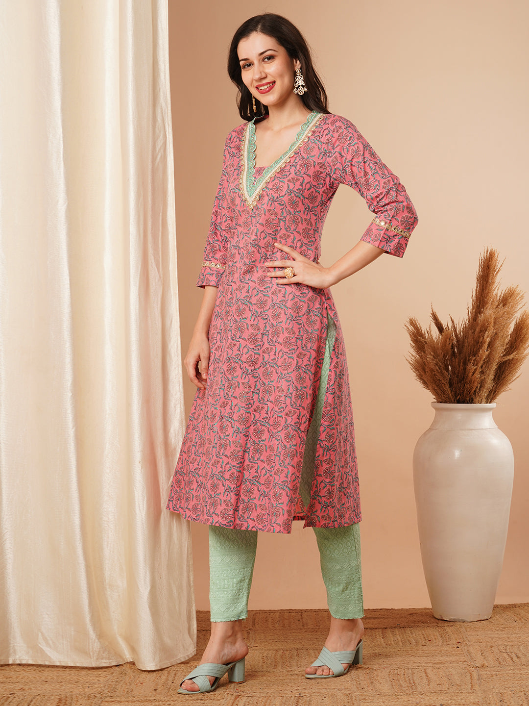 Ethnic Floral Printed & Embroidered A-Line Kurta - Pink